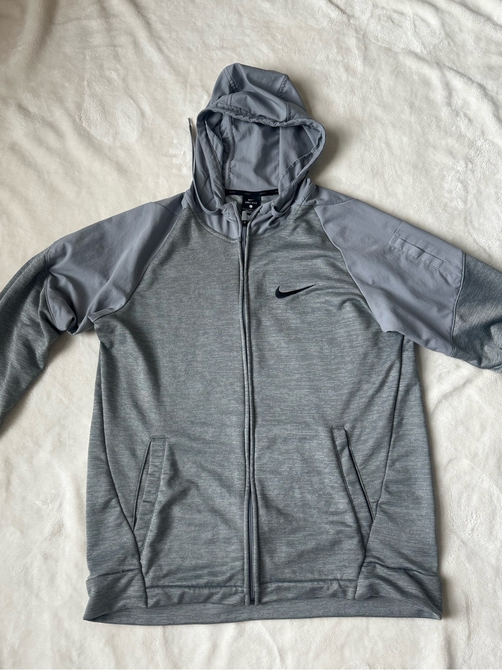 Nike Men's Gray Hooded Performance Zip Jacket with Black Swoosh